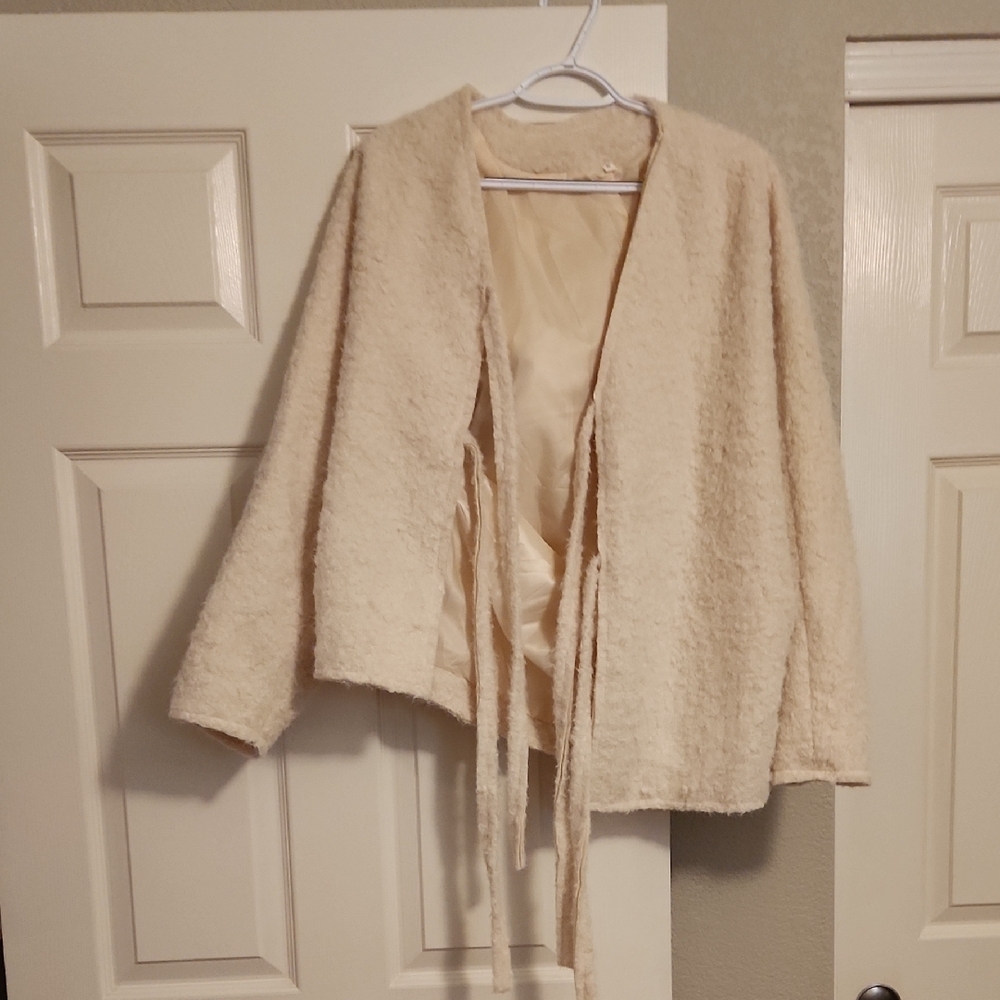 Cream Textured Open Front Jacket
